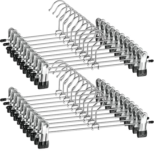 ZOBER Metal Pants Hangers with Clips - Pack of 20 Space Saving Skirt Hangers for Women - Chrome, Non-Slip, Adjustable Clips, for Pants, Skirts, Jeans Closet Organization, College Dorm Essentials