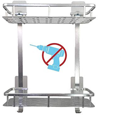 Mensola per Doccia a 2 Piani in Alluminio (A Prova di RUGGINE) Senza Foratura (Adesivi Super Resistenti). Cestello portaoggetti da Parete per Montaggio al Bagno. Forma Rettangolare. Finitura lucido
