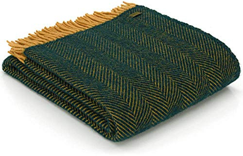 Tweedmill Textiles Herringbone KNEE RUG Throw Blanket -100% Pure New Wool - BRITISH MADE - EMERALD GREEN and MUSTARD