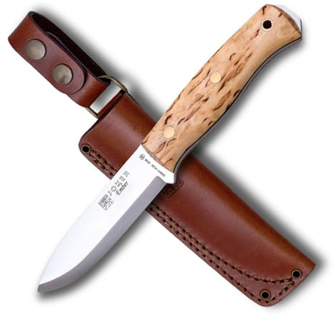 Joker jaktkniv Ember Scandi CL122, bälteskniv med 10,5 cm blad Sandvik 14C24N stål, handtag av lockigt björkträ, läderslida, verktyg för fiske, jakt, camping och vandring