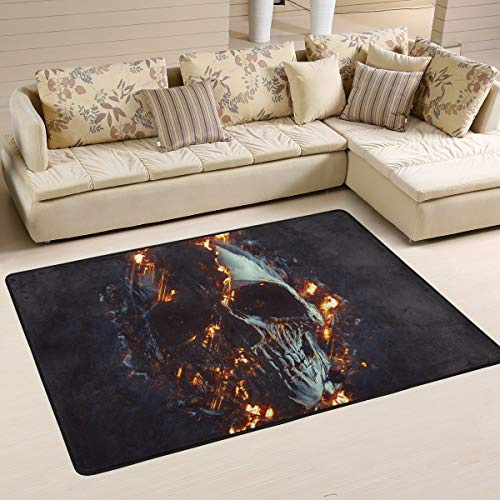 Mnsruu Teppich, 91 x 61 cm, Totenkopf, leuchtendes Feuer, Polyester und Memory-Schwamm-Baumwolle, rutschfest, langlebig, Wohnzimmerdekoration, Bodenmatte, Schlafzimmer