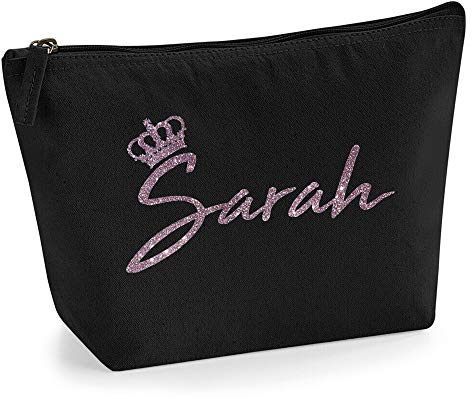 Personalisiert Name Initialen & Königin Krone Kosmetiktasche Damen Schminktasche für Handtasche Makeup Tasche mit Texturdruck - Roségold Glitter - M - Schwarz