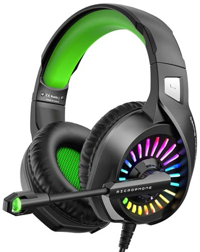ZIUMIER Z20 Gaming Headset for PS4, PS5, Xbox One, Xbox Series S/X, PC, Switch, Wired Over-Ear Headphones with Noise Isolation Microphone, RGB LED Light, Surround Sound (Green)