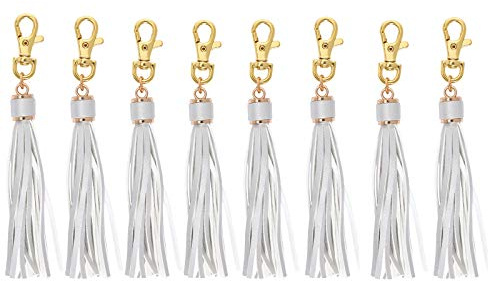 PAMIR TONG 5.9'' Silver White Leather Tassel for Purse with Golden Metal Caps 8pcs Lobster Swivel Keychain Tassels for Handbag Phone Car Key Jewelry DIY Crafts Jewelry Making