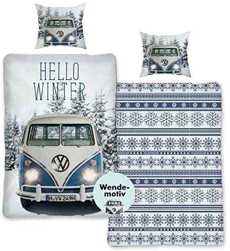 SkyBrands Flanell-Bettwäsche VW Bulli 135 x 200 cm, 80 x 80 cm, Kissenbezug VW Bus, Wendebettwäsche-Set, Biber-Bettbezug, VW-Geschenke für Männer – Ko-Tex Standard 100, deutsche Größe
