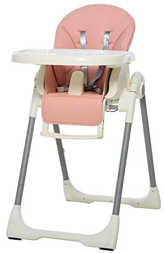 HOMCOM Trona para Bebé Evolutiva Ajustable y Plegable con Doble Bandeja Trona Portátil de +6 Meses Reclinable con 2 Ruedas y Frenos 55x80x104 cm Rosa