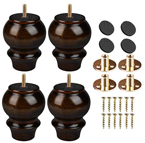 Btowin 4 inch Solid Wood Furniture Legs, 4Pcs Sofa Legs Wooden Bun Feet with Threaded M8 Hanger Bolts & Mounting Plate & Screws for Sofa Cabinet Bed Wardrobe Closet