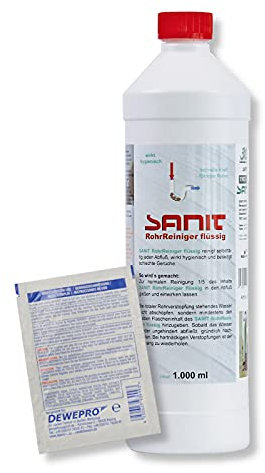 DEWEPRO-Set: SANIT RohrReiniger flüssig (3063) - Flasche à 1000ml - Hochwirksamer Rohrreiniger auf flüssiger Basis, inkl. 1 St. DEWEPRO® Single Scrubs