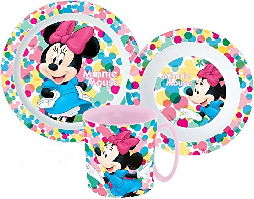 Kinder-Geschirr Set mit Teller, Müslischale und Trinkbecher inkl. Besteck (wiederverwendbar) kompatibel zu (Minnie Maus)