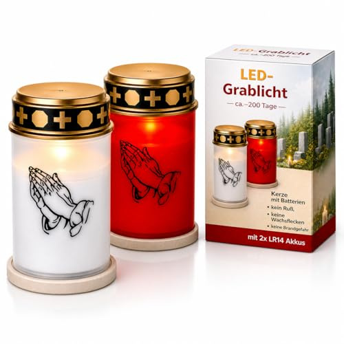 2 Grablichter LED mit Batterie wetterfest | Grabkerzen mit Batterien für lange Brenndauer von bis zu 6 Monaten | LED-Grablicht mit Flackern wie bei einer echten Kerze (2 Grablichter Set rot-weiß)