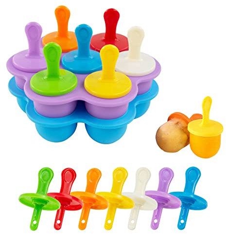 XIACIBDUS 2PCS Silicone Ice Lolly Molds, Mini Popsicle Mold with Colorful Plastic Sticks, 7-Cavity DIY Ice Pop Mold for Kids Baby Homemade Food (Blue and Purple)