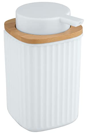 WENKO Distributeur de savon Rotello, contenance 250 ml, rechargeable, en plastique avec décoration en bambou, convient également pour du liquide vaisselle, 8,9 x 12,7 x 7,5 cm, blanc/couleur naturelle