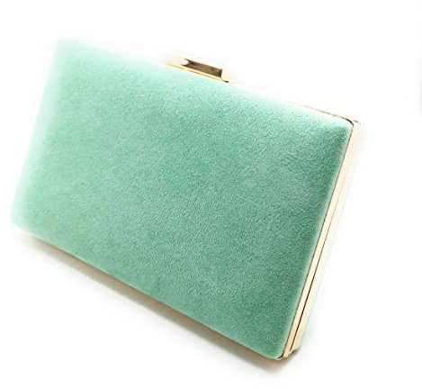 BRANDELIA Bolso antelina mujer bombonera de fiesta rectangular cartera de mano ante con cadena al hombro, Verde Agua Oro