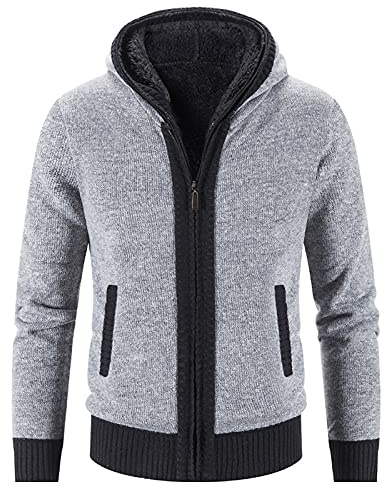 Cardigan da uomo lavorato a maglia grossa, tinta unita, foderato in pile, giacca in lana, cardigan unisex fatto a mano, caldo autunno e inverno risvolto maglione cappotto, Grigio, M