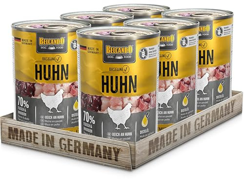 BELCANDO Baseline Nassfutter für Hunde, Huhn, 6X 400g Dose, 70% Fleisch für ausgewachsene Hunde, Hundefutter nass ohne Getreide, Made in Germany
