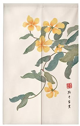Surwin Japanischer Stil Türvorhang, Vintage Japan Noren Raumteiler Tapisseri Leinen Lang Vorhänge Partition Gardinen Tür Vorhang Tapisseri für die Türdekoration (90x200cm,Blüten gelb)