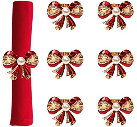 LEMCC Weihnachts-Serviettenringe, Rote Schleife, Perlen-Strasssteine, Serviettenringhalter, Weihnachts-Serviettenring-Schnallen für Weihnachten, Feiertage, Party, Abendessen, Hochzeit, Bankett,(#3)