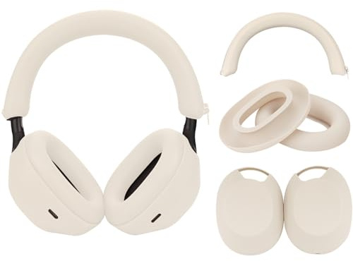 Adhiper 3Sets Silicone Sweat Case Cover for Sony WH-1000XM5 Headphones, Embody XM5 Earpad Cover/Ear Covers/Headband Cover Protector, Washable Sweatproof Soft Silicone Headphone Accessories（Off White）