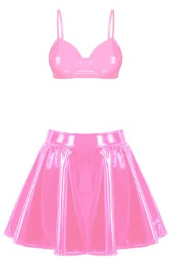 Agoky Dam sexig lack läder bh spagettiremmar behå och minikjol hög midja A-linje veckad kjol sexiga underkläder disco raver dans kostym klubbkläder S–4XL, Rosa B, M
