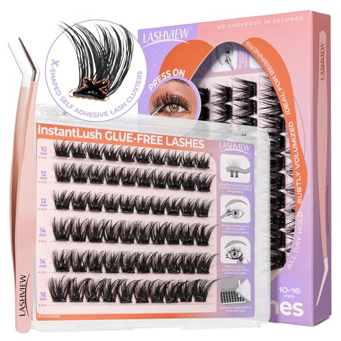 LASHVIEW Selbstklebende Wimpernbügel, zum Aufdrücken, 10–16 mm, einzelnes Wimpernverlängerungs-Set mit Wimpernpinzette, kein Kleber erforderlich, natürlich selbstklebendes N163