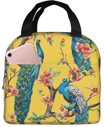 MyPiky Hermosa bolsa de almuerzo con estampado de pavo real, bolsa de almuerzo portátil, lonchera aislada para mujeres y hombres, trabajo, viajes, color negro