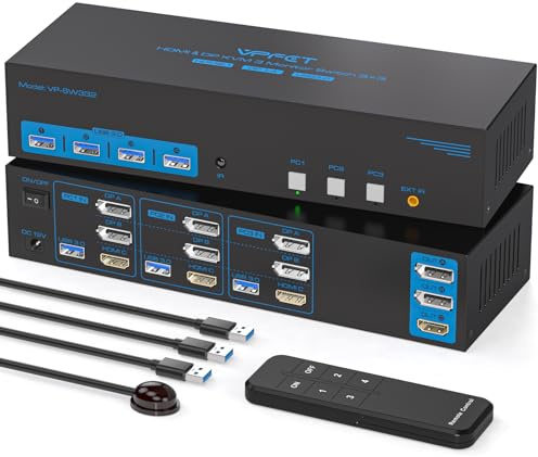 AILVLVNG 4K144Hz HDMI 2 Displayport KVM Switch 3 Monitors 3 Computers 8K USB 3.0 KVM Switcher Triple Screen for 3 Computer Share 3 Monitor and 4 USB 3.0 Ports Support Extended/Copy Mode