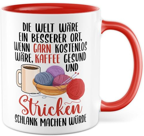 Stricken Tasse mit Spruch - Geschenk Wenn Stricken schlank machen würde... Kaffeetasse 330ml aus Keramik - Häkeln Strickzubehör knitting Kollegin Garn Freundin Geschenkidee lustig Tee Kaffee-Becher