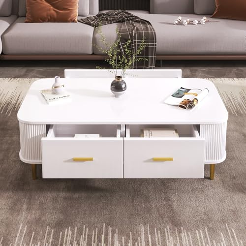 BTM Table Basse Salon, Table Basse Bois avec 4 Tiroirs, Coin Arrondi, Poignées et Pieds de Table Dorés, Moderne, 105x51x36cm, Blanche