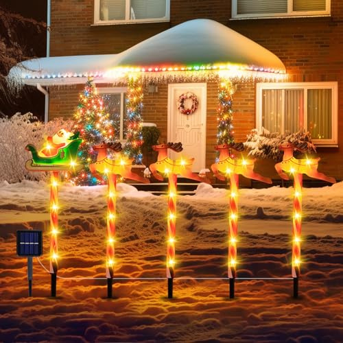 Weihnachtsdeko Aussen,5er Solar Weihnachtsbaum Lichterketten Weihnachten Schneeflocken Weihnachtsstern Deko,IP65 Wasserdichte Weihnachtsbeleuchtung Außen mit 8 Modi Licht für Garten Rasen Terrasse (D)