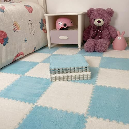 HGOuhKPlüsch-Puzzle-Schaum-Bodenmatte 8 ineinandergreifende Fußmatten, Plüschschaum-Spielmatten, weicher Plüsch-Puzzleteppich for den Schlafzimmerboden Ineinandergreifende Teppichfliesen(Light Blue+Wh
