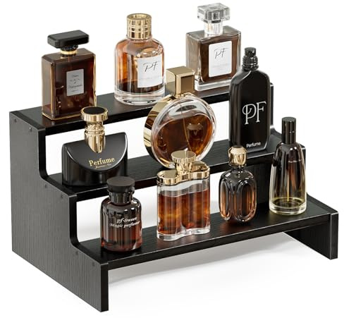ProCase 3 nivåer Cologne Organizer trä Köln stativ, parfym display makeup ställ kosmetisk arrangör, mångsidig organisatör hylla för dofter ljus kosmetika cupcake vanity förvaring – svart