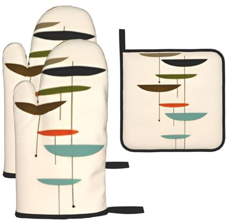 Set di 3 guanti da forno e presine, stampe moderne di metà secolo, guanti da forno a microonde isolati e guanti da cucina, set di guanti da forno antiscivolo con cuscinetti caldi, per cucinare,