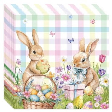 CharmBurst 40 Piezas Servilletas Cuadros De Colores, Decoración Conejos De Pascua, Decoración Fiesta Pascua, Servilletas con Motivo De Conejos De Pascua, Servilletas De Huevos De Pascua