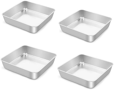 LIANYU 8 Inch Square Baking Cake Pan Set of 4, Stainless Steel Lasagna Brownie Bread Pan, Perfect for Birthday Party Wedding, Leakproof, Oven & Dishwasher Safe