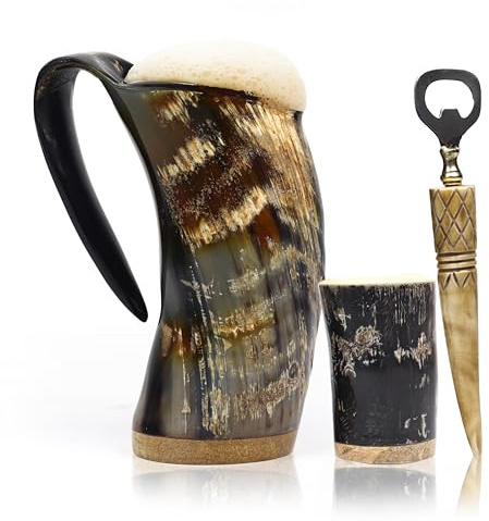 Unique Viking Drinking Horn Mug Set with Cool Shot Glass & Opener for Beer, Whiskey, ale. Ox Horn Cup, 16-20 oz for Men & Women- Ideal for Christmas, Birthday, Occasions and Home Decor. (Simple)