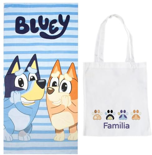 Toalla Infantil Bluey y Bingo Microfibra Estampado SONRIENTE Playa Natación 100% Poliéster 70x140cm + Bolsa de Playa de Tela Regalo para Niños Verano Vacaciones | Producto Oficial Ludo BBC Studio