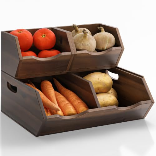 HOLANA Akazien-Kartoffel- und Zwiebel-Aufbewahrungsbehälter – stapelbare Aufbewahrungsbehälter aus Holz – Speisekammerkörbe Organisation und Aufbewahrung – Zwiebel- und Kartoffel-Aufbewahrungsbehälter