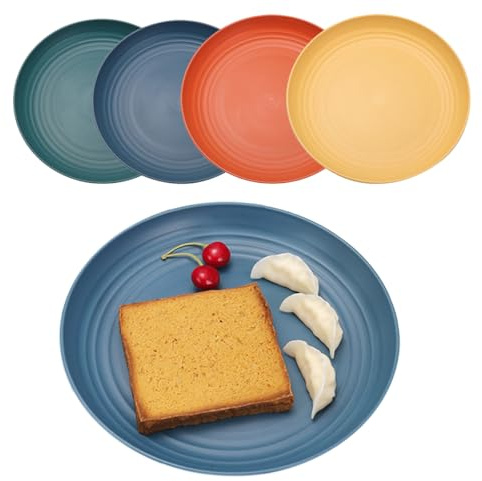 LJYING Juego de 4 platos llanos de plástico de 9 pulgadas, reutilizables e irrompibles, sin BPA, aptos para lavavajillas y microondas, platos ligeros de camping (color oscuro)