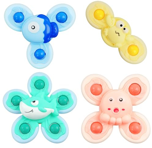 Vicloon Spinner Bébé Ventouse, 4PCS Jouets à Ventouse pour Bébé, Jouets Tournants sans Bpa, Jouet de Bain Baignoire Spinner Jouet Piscine Jeux Sensoriel Educatifs pour Bébés et Enfants