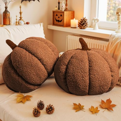Lanpn Autumn Pumpkin Plush Pillows Set of 2, Halloween Decoration Pumpkin Throw Pillow Soft Fleece Sherpa Cute 3D Shaped Cushion for Sofa Couch Bedroom Autumn Thanksgiving Decor (Brown, 36x26 cm)