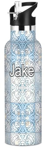 Botella de agua con nombre personalizado para niños, botella de agua de acero inoxidable para viajes o escuela, 20 onzas, sin BPA, floral blanco azul