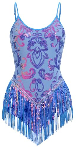 FYMNSI Turnanzug Damen Pailletten Latein Tanz Body Rave Outfit Trägerbody Quaste Bodysuit Ärmellos Glitzer Gymnastikbody Ballettbody Damenbody Stringbody Trikot Leotard Ballettanzug Blau L