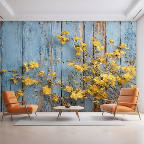 Generisch Tapete Holz, Fototapete Rustikale Gelb Blumen, Vliestapete für Schlafzimmer Wohnzimmer, Wand Deko Tapeten, Wandverkleidung 350x256 cm D&O64