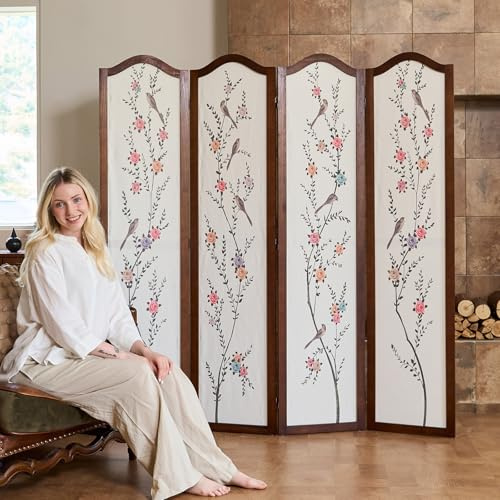 Svimi Oriental Style 4-Panel Wood Folding Screen Room Divider – Freestanding Privacy Screen and Decorative Partition Wall Panel for Home Decor (67″H x 64″W) (Flowers and Birds II, 4 Panels)