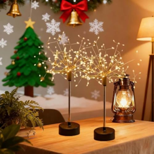 2PCS Nest and Flowers Table Lights Fireworks, Nestandflowers Mini Table Starburst Silver, Christmas Decorations Starburst Light, Battery Operated 100 LED Fairy Lights for Indoor Holiday Decor (Warm)