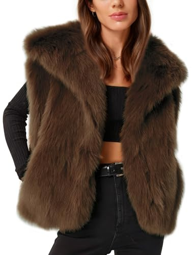 Flygo Womens Faux Fur Vest Fuzzy Lapel Collar Sleeveless Jackets Winter Warm Fluffy Open Front Shaggy Outerwear Vests(Brown-L)
