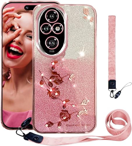 PONRFEKT Funda Brillante con Purpurina para Motorola Moto E40 con Correa y muñequera,Funda Transparente Fina con Diamantes,Carcasa Protectora Bonita para Mujeres y niñas-Rosa