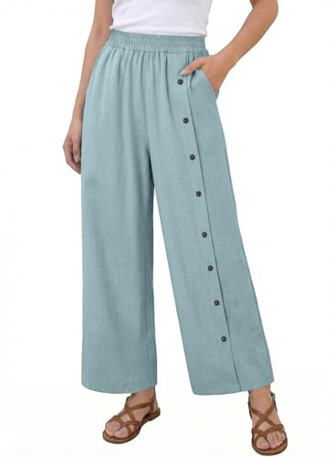 EVALESS Wide Leg Lounge Pants for Women 2026 Trendy Elastic High Waisted Baggy Palazzo Pants Summer Casual Loose Beach Trousers Travel Outfits Dusk Blue Large