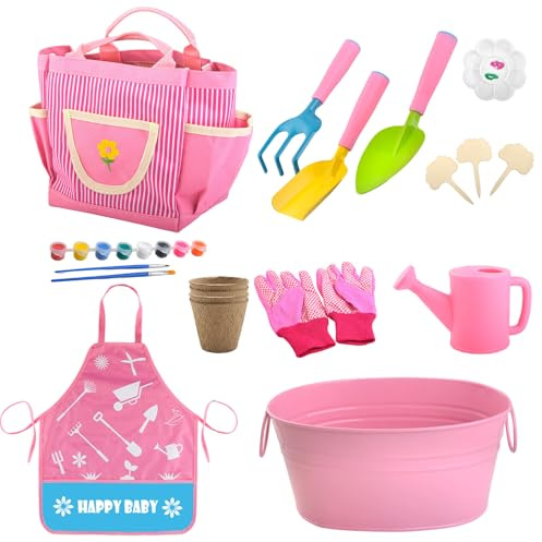Utensili da giardino per bambini, con vaso di fiori, rastrello, pala, grembiule e guanti, attrezzi da scavo per bambini, giocattoli da giardino, per esterni, giardino, compleanno