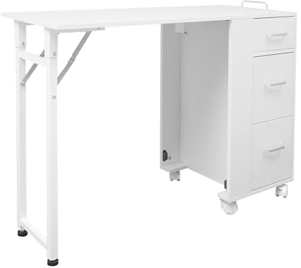 Ciounmb Manikyrbord, skrivbord, bord med låda, rullställ, arbetsplats mörkbrun, 104 x 38 x 75 cm, lastkapacitet 100 kg, för nagelstudio kontor vardagsrum (vit)